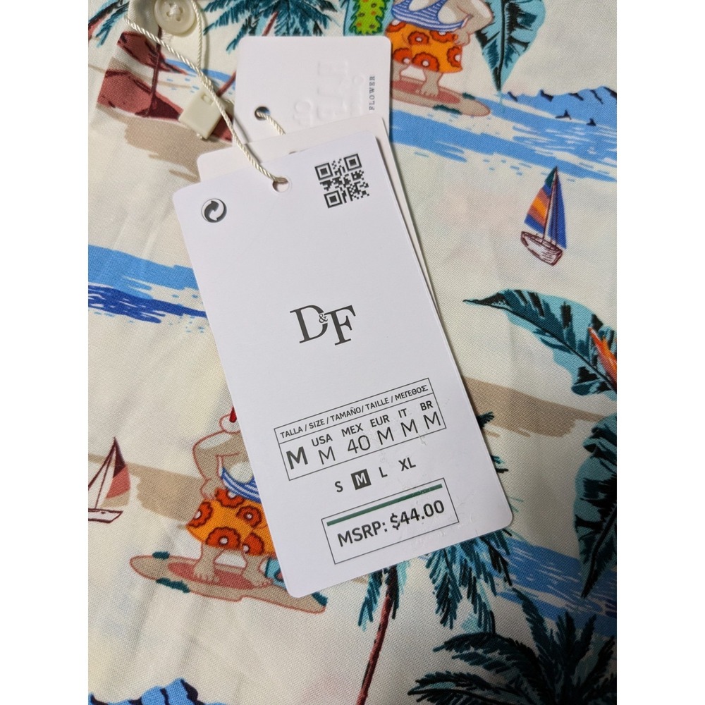 DENIM & FLOWER Santa Claus Hawaiian Beach Surfing Men Medium Ivory Shirt NEW - Picture 5 of 14